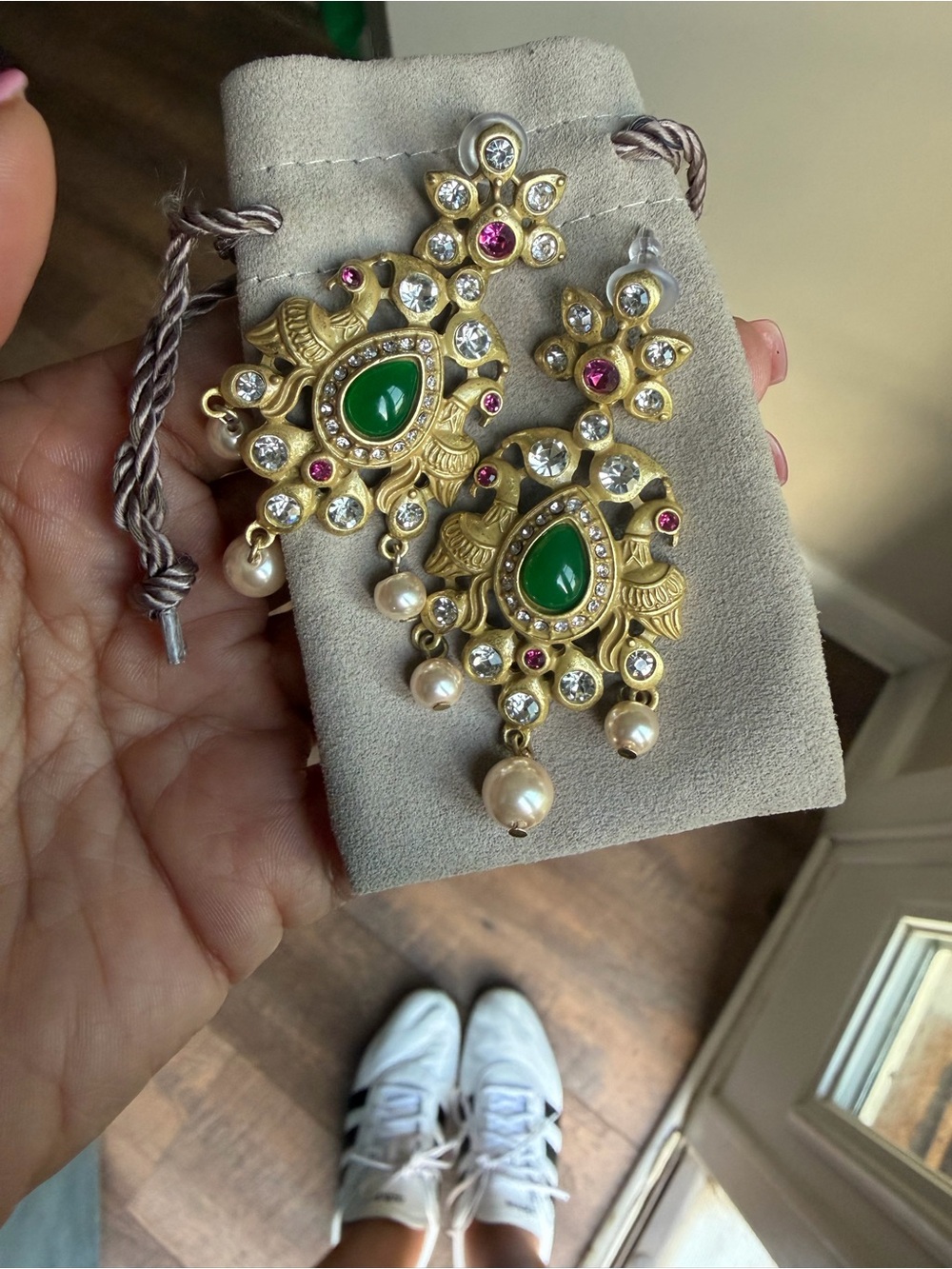 Statement Gold-Tone Earrings with Green Teardrop and Pink Accents